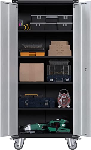 Reemoon Metal Storage Cabinet with Wheels, 71" Tall Garage Storage Cabinet with 5 Tier Shelves and Locking Doors, Rolling Tool Cabinet for Garage Home Office Utility Room