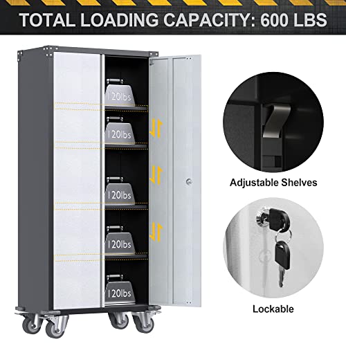 Reemoon Metal Storage Cabinet with Wheels, 71" Tall Garage Storage Cabinet with 5 Tier Shelves and Locking Doors, Rolling Tool Cabinet for Garage Home Office Utility Room