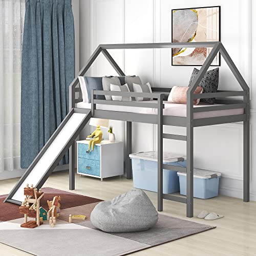 ODC Twin Size House Loft Bed with Slide, Wood Loft Bed Frame Twin with Ladder , Kids Playhouse Loft Bed for Girls Boys, No Box Spring Needed