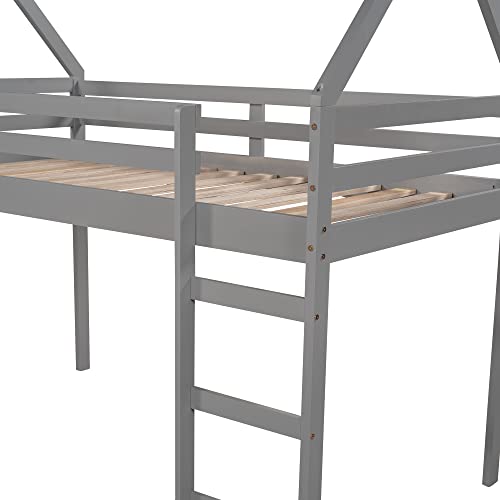 ODC Twin Size House Loft Bed with Slide, Wood Loft Bed Frame Twin with Ladder , Kids Playhouse Loft Bed for Girls Boys, No Box Spring Needed