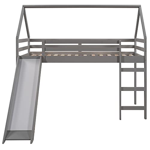 ODC Twin Size House Loft Bed with Slide, Wood Loft Bed Frame Twin with Ladder , Kids Playhouse Loft Bed for Girls Boys, No Box Spring Needed