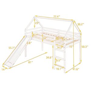 ODC Twin Size House Loft Bed with Slide, Wood Loft Bed Frame Twin with Ladder , Kids Playhouse Loft Bed for Girls Boys, No Box Spring Needed