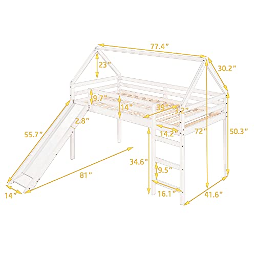 ODC Twin Size House Loft Bed with Slide, Wood Loft Bed Frame Twin with Ladder , Kids Playhouse Loft Bed for Girls Boys, No Box Spring Needed