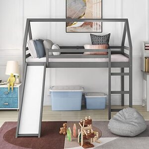 ODC Twin Size House Loft Bed with Slide, Wood Loft Bed Frame Twin with Ladder , Kids Playhouse Loft Bed for Girls Boys, No Box Spring Needed