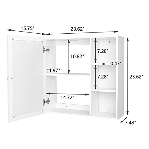 Doredo Bathroom Cabinet Wall Mounted with Mirror, Medicine Cabinets for Bathroom, Wall Cabinets for Bathroom Storage with Adjustable Shelf and 3 Open Shelves, Hanging Bathroom Cabinet, White