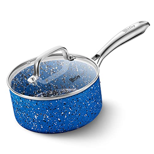 HLAFRG 1 Quart Saucepan with Lid, Ultra Nonstick Sauce Pan with Lid, Small Pot with Lid, Granite Nonstick Saucepan 1 quart, Small Sauce Pot, Blue Pot 1 Qt, Aluminum Sauce Pan 1 Qt