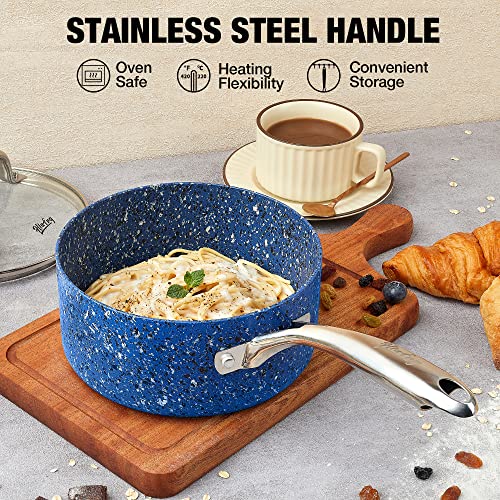 HLAFRG 1 Quart Saucepan with Lid, Ultra Nonstick Sauce Pan with Lid, Small Pot with Lid, Granite Nonstick Saucepan 1 quart, Small Sauce Pot, Blue Pot 1 Qt, Aluminum Sauce Pan 1 Qt