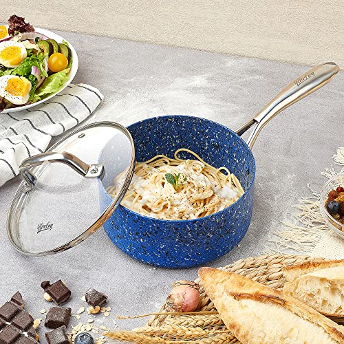 HLAFRG 1 Quart Saucepan with Lid, Ultra Nonstick Sauce Pan with Lid, Small Pot with Lid, Granite Nonstick Saucepan 1 quart, Small Sauce Pot, Blue Pot 1 Qt, Aluminum Sauce Pan 1 Qt