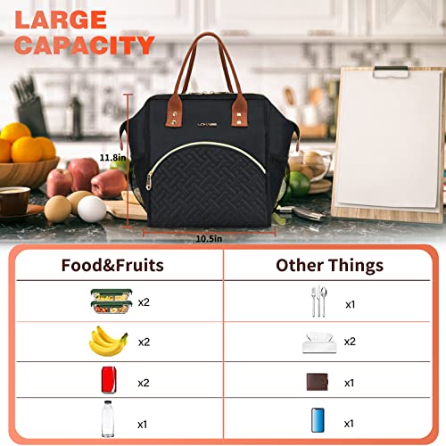 Lunch Bag Women, Reusable Insulated Lunch Box Large Wide-Open Water Resistant Adult Cooler Tote Bag for Work, Travel, Picnic – Black (Printed, Black)