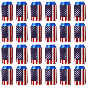 24 pcs summer can cooler sleeves reusable usa flag can cooler collapsible american flag can covers for beer diy neoprene beer bottle cooler insulation with stitches for drink holder party, 12 oz