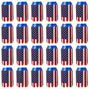 24 Pcs Summer Can Cooler Sleeves Reusable Usa Flag Can Cooler Collapsible American Flag Can Covers for Beer DIY Neoprene Beer Bottle Cooler Insulation with Stitches for Drink Holder Party, 12 oz