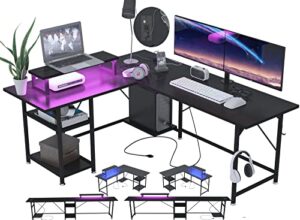 dliuz l shaped computer desk with monitor stand and power outlets,gaming desk with storage shelf and led lights,home office reversible corner modern desk or 2 person long table with hooks (black)