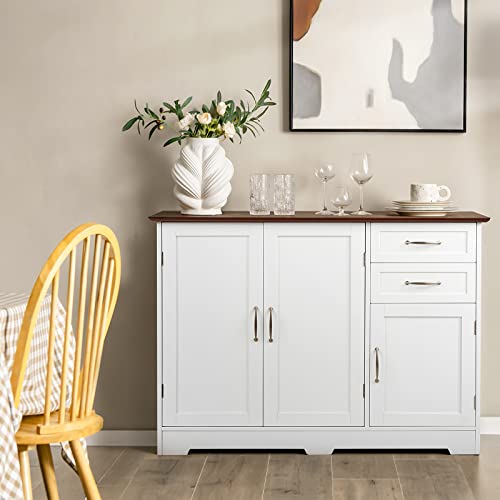 LOKO Buffet Cabinet with Storage, Modern Bar Cabinet with 3 Doors, 2 Drawers & Adjustable Shelf, Kitchen Sideboard Cabinet Console Table for Living Room, 43.5 x 16 x 31 Inches (White)