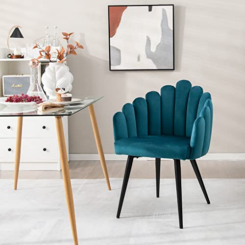 Giantex Modern Mid-Century Dining Chair - Cute Velvet Armchair with 16” High Back, 330lb Capacity, Accent Upholstered Arm Dining Chairs for Bedroom, Living Room, Small Space, Teal Blue