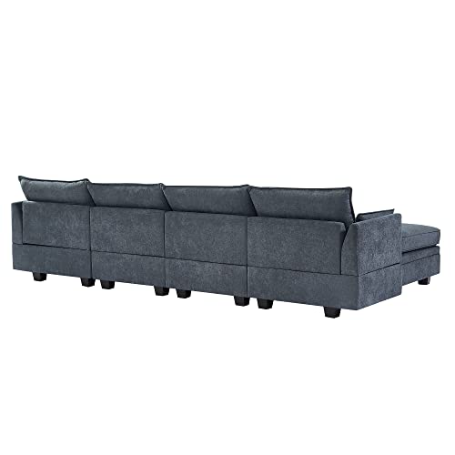 MOEO U Shape Modular Living Room Convertible Sectional Sofa, 6 Piece Couch with Storage and Two Pillows, Polyester Linen Fabric, Easy to Install, for Home, Office, Dark Gray