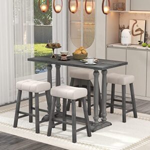 hlcodca modern 5-piece dining table set, counter height dining furniture with a rustic table and 4 upholstered stools for kitchen, dining room (gray@y)