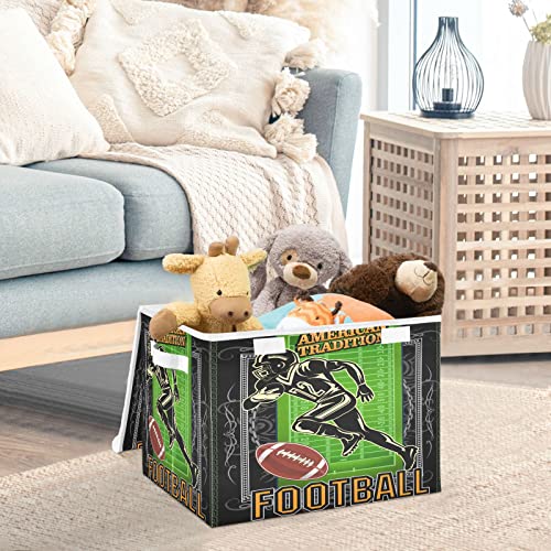 DOMIKING American Football Player Large Storage Bin with Lid Collapsible Shelf Baskets Box with Handles empty gift basket for Nursery Drawer Shelves Cabinet