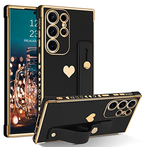 BENTOBEN Galaxy S23 Ultra Case with Adjustable Wristband Strap Kickstand,Slim Luxury Heart Design Plated Soft Bumper Women Men Girl Protective Cover Case for Samsung Galaxy S23 Ultra 6.8",Black/Gold