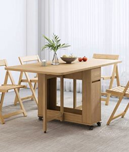 piaqia folding dining table with chairs, convertible drop-leaf kitchen table set with storage, space saving foldable dinner table for 6, natural, 55" x 32" x 29", 1 table& 2 chairs