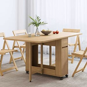 PIAQIA Folding Dining Table with Chairs, Convertible Drop-Leaf Kitchen Table Set with Storage, Space Saving Foldable Dinner Table for 6, Natural, 55" X 32" X 29", 1 Table& 2 Chairs