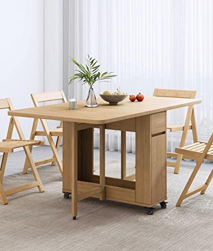 PIAQIA Folding Dining Table with Chairs, Convertible Drop-Leaf Kitchen Table Set with Storage, Space Saving Foldable Dinner Table for 6, Natural, 55" X 32" X 29", 1 Table& 2 Chairs