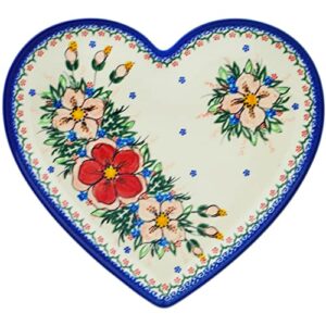 polish pottery 10-inch heart shaped platter (perfect garden theme) signature unikat + certificate of authenticity