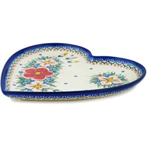 Polish Pottery 10-inch Heart Shaped Platter (Perfect Garden Theme) Signature UNIKAT + Certificate of Authenticity