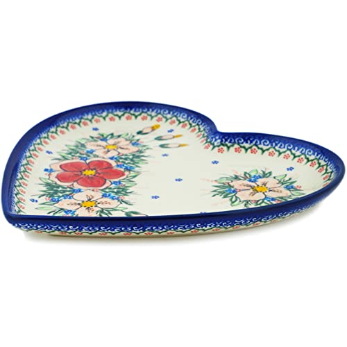 Polish Pottery 10-inch Heart Shaped Platter (Perfect Garden Theme) Signature UNIKAT + Certificate of Authenticity