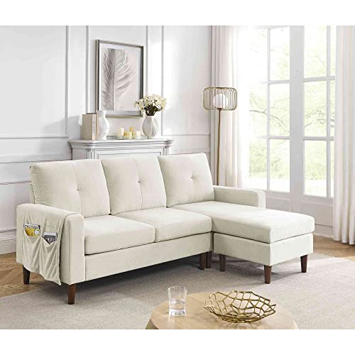 Cotoala 80" L-Shape Chenille Convertible Couch w/Pocket & Rubber Wood Legs, 3 Seat Sofa with Removable Ottoman and Cushions, Perfect for Living Room, Aapartment, Small Space, Beige