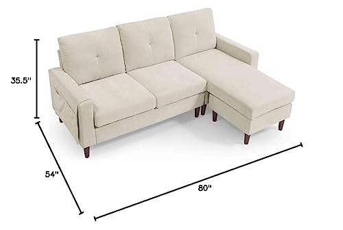 Cotoala 80" L-Shape Chenille Convertible Couch w/Pocket & Rubber Wood Legs, 3 Seat Sofa with Removable Ottoman and Cushions, Perfect for Living Room, Aapartment, Small Space, Beige