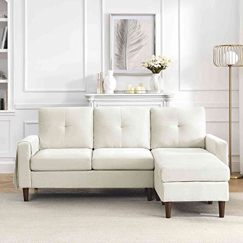 Cotoala 80" L-Shape Chenille Convertible Couch w/Pocket & Rubber Wood Legs, 3 Seat Sofa with Removable Ottoman and Cushions, Perfect for Living Room, Aapartment, Small Space, Beige