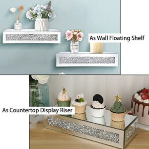 JUXYES Crushed Diamond Wall Floating Shelves Sparkle Glass Riser for Display, Wall Art Showcase Shelf Decorative Pedestal Stand Unique Glass Display Floating Wall Shelf