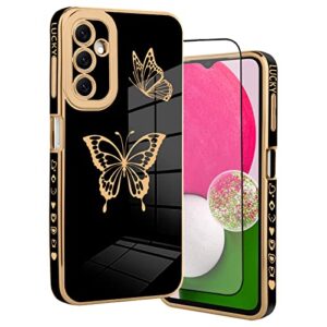 bitobe designed for samsung a14 5g case butterflies design with screen protector for women girls,cute luxury plating full camera lens protection cover for galaxy a14 5g -black