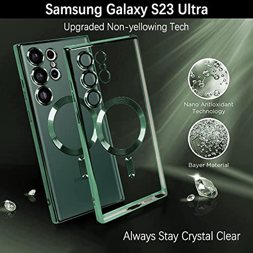 WPCase Magnetic Clear Case Designed for Samsung Galaxy S23 Ultra Green with [Camera Lens Protector & Compatible with MagSafe] Electroplated Soft TPU Shockproof Anti-Scratch Phone Case for Women Men