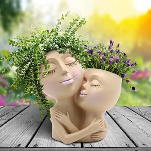 weweow face planter pot - double flower pots in one for indoor outdoor plants resin head planter with drainage hole cute lady face plant pots, diy gifts for family and friends