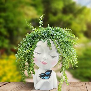 WEWEOW Face Planter/Flower Pot for Indoor Outdoor Plants Resin Succulent Planter with Drainage Hole Cute Lady Face Plant Pots