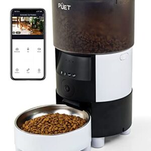 PUET Automatic Cat Feeder with Camera, Timer Voice 1080P HD Video Recording, Height Adjustable 3L WiFi Pet Feeder with 2-Way Audio, Programmable Dog Food Dispenser 1-8 Meal Per Day