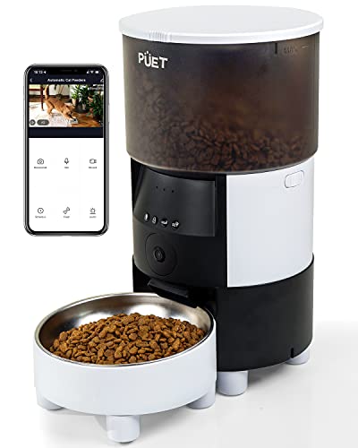 PUET Automatic Cat Feeder with Camera, Timer Voice 1080P HD Video Recording, Height Adjustable 3L WiFi Pet Feeder with 2-Way Audio, Programmable Dog Food Dispenser 1-8 Meal Per Day