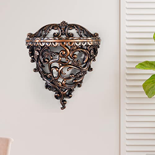 Retro Wall Floating Shelves Decoration Hollow Flower Carving Wall Art Flower Pot Stand Holder Wall Mounted Hanging Shelf Resin for Hallway, L Bronze