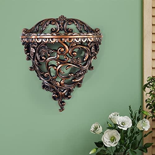 Retro Wall Floating Shelves Decoration Hollow Flower Carving Wall Art Flower Pot Stand Holder Wall Mounted Hanging Shelf Resin for Hallway, L Bronze