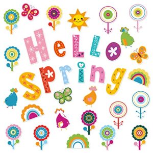 56pcs Hello Spring Cut-Outs, Spring Bulletin Board Decoration Spring Floral Cut Outs Colorful Flower Plants Paper Patterned Cut-Outs for Spring Party School Classroom Whiteboard Window Wall Decor