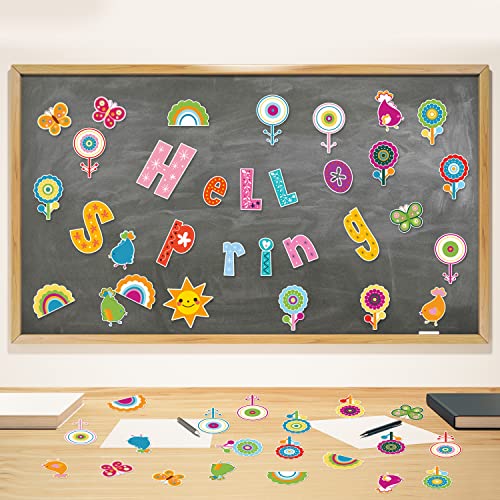 56pcs Hello Spring Cut-Outs, Spring Bulletin Board Decoration Spring Floral Cut Outs Colorful Flower Plants Paper Patterned Cut-Outs for Spring Party School Classroom Whiteboard Window Wall Decor