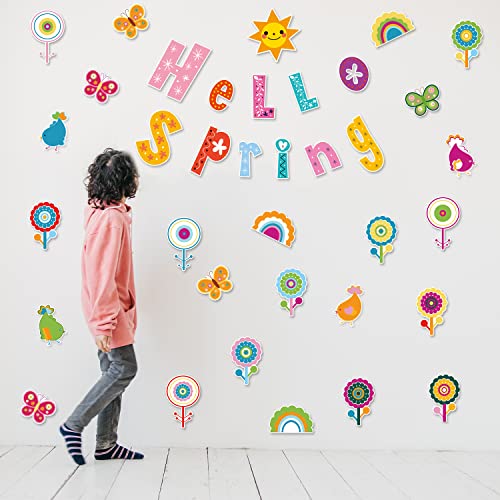56pcs Hello Spring Cut-Outs, Spring Bulletin Board Decoration Spring Floral Cut Outs Colorful Flower Plants Paper Patterned Cut-Outs for Spring Party School Classroom Whiteboard Window Wall Decor