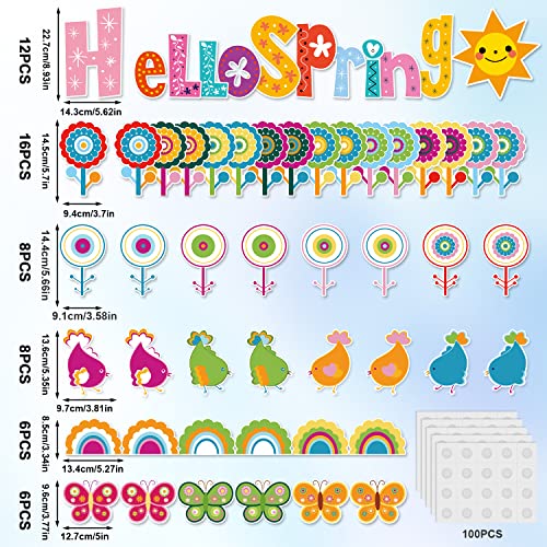 56pcs Hello Spring Cut-Outs, Spring Bulletin Board Decoration Spring Floral Cut Outs Colorful Flower Plants Paper Patterned Cut-Outs for Spring Party School Classroom Whiteboard Window Wall Decor