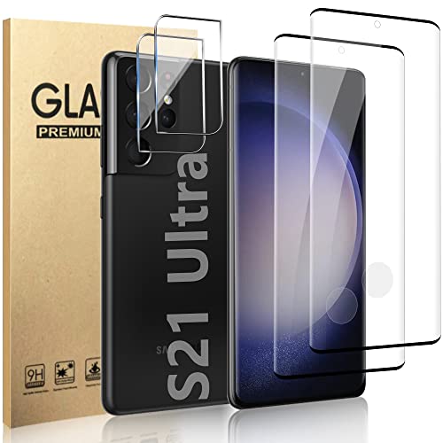 [2+2 Pack] Galaxy S21 Ultra Screen Protector with Camera Lens Protector, 9H Hardness Tempered Glass Ultrasonic Fingerprint Support 3D Curved No Bubbles for Samsung Galaxy S21 Ultra 5G 6.8 Inch