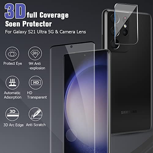 [2+2 Pack] Galaxy S21 Ultra Screen Protector with Camera Lens Protector, 9H Hardness Tempered Glass Ultrasonic Fingerprint Support 3D Curved No Bubbles for Samsung Galaxy S21 Ultra 5G 6.8 Inch