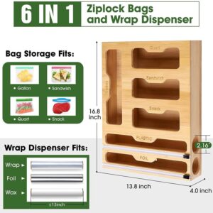 ziplock bag organizer, ziplock bag organizer for drawer, ziploc bag organizer, sandwich bag organizer Bamboo, 6 in 1 Wrap Dispenser With Cutter, Kitchen Storage Ziplock Bag Organizer For Drawer, Compatible With Ziplock Gallon, Quart, Sandwich, Snack, Alum