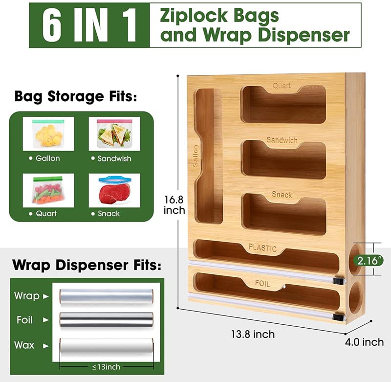 ziplock bag organizer, ziplock bag organizer for drawer, ziploc bag organizer, sandwich bag organizer Bamboo, 6 in 1 Wrap Dispenser With Cutter, Kitchen Storage Ziplock Bag Organizer For Drawer, Compatible With Ziplock Gallon, Quart, Sandwich, Snack, Alum