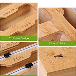 ziplock bag organizer, ziplock bag organizer for drawer, ziploc bag organizer, sandwich bag organizer Bamboo, 6 in 1 Wrap Dispenser With Cutter, Kitchen Storage Ziplock Bag Organizer For Drawer, Compatible With Ziplock Gallon, Quart, Sandwich, Snack, Alum