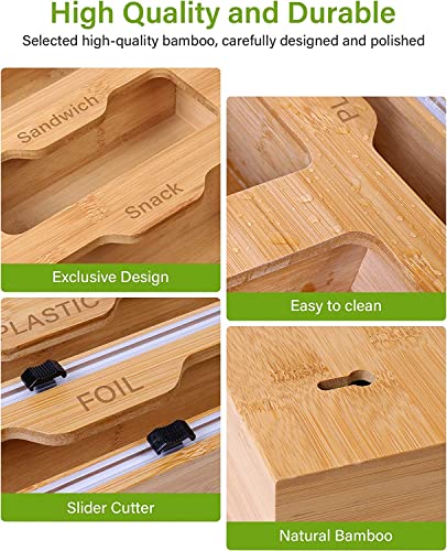 ziplock bag organizer, ziplock bag organizer for drawer, ziploc bag organizer, sandwich bag organizer Bamboo, 6 in 1 Wrap Dispenser With Cutter, Kitchen Storage Ziplock Bag Organizer For Drawer, Compatible With Ziplock Gallon, Quart, Sandwich, Snack, Alum